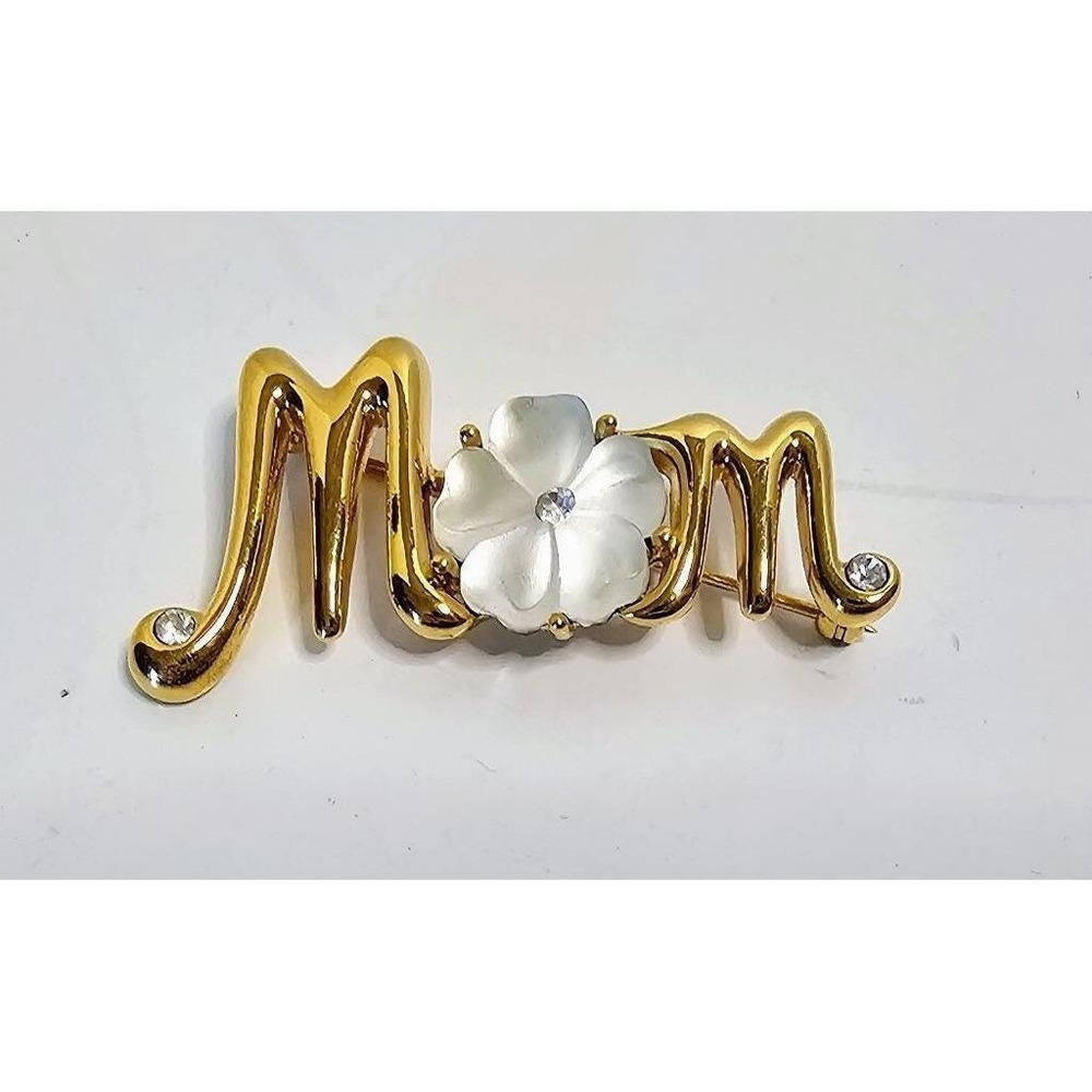 VTG Monet "Mom" Flower Brooch - Gold‎ White Rhinestone